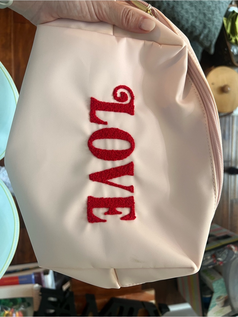 Love Embroidered Pink Cosmetic Bag